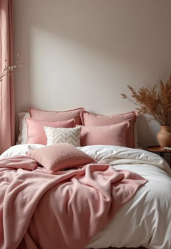 25 Dusty Rose Bedroom Ideas That Feel Romantic Calm 15. Dusty Rose Pillows and Throws