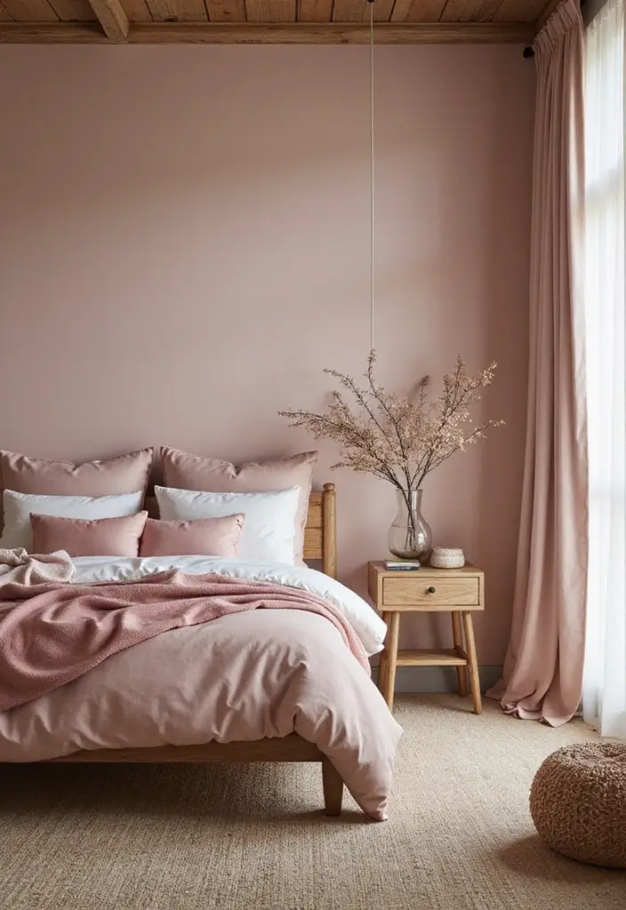 25 Dusty Rose Bedroom Ideas That Feel Romantic Calm 22. Dusty Rose and Wood Elements