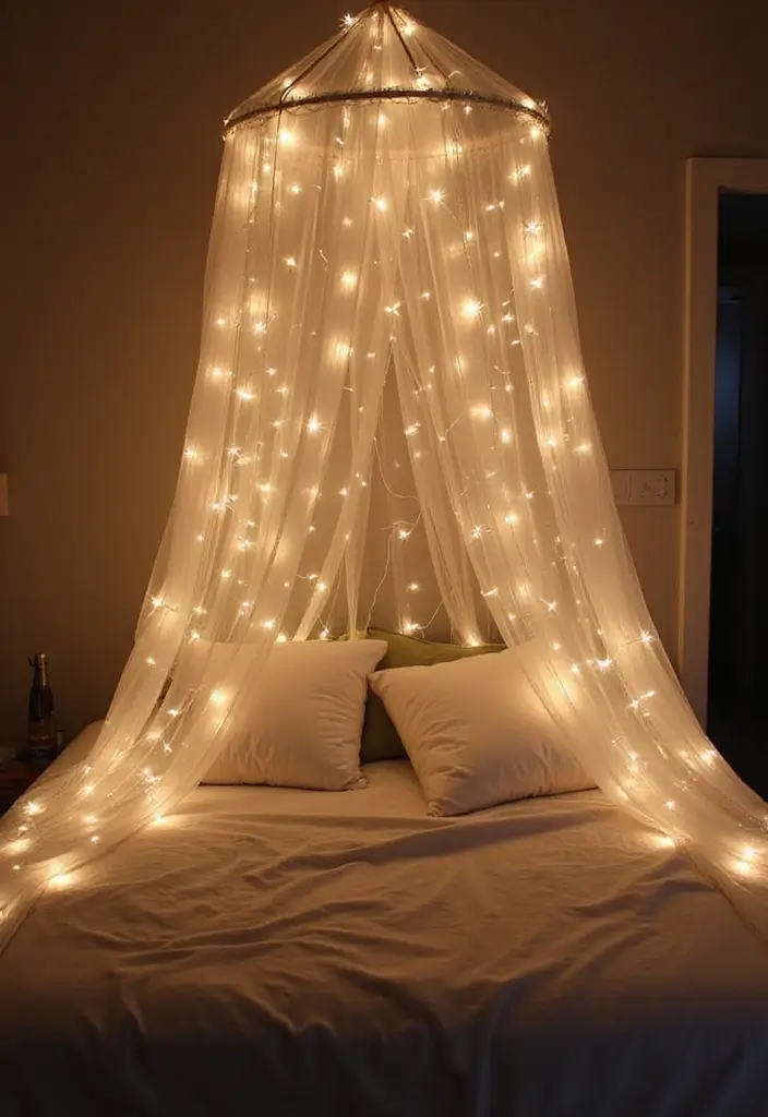 25 Fairy Lights Bedroom Ideas That Feel Dreamy and Magical 1. Twinkling Canopy Overhead