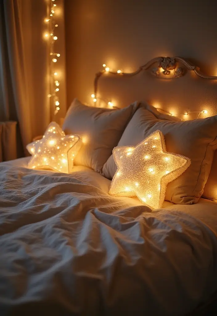 25 Fairy Lights Bedroom Ideas That Feel Dreamy and Magical 13. Fairy Light Pillows