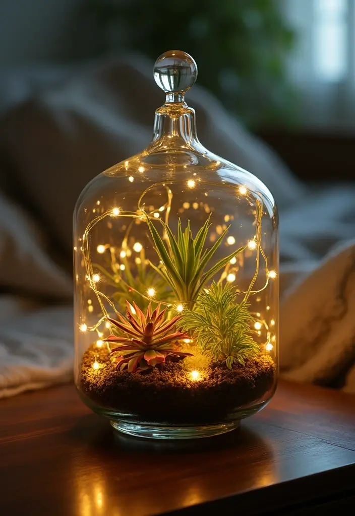 25 Fairy Lights Bedroom Ideas That Feel Dreamy and Magical 15. Fairy Lights in Glass Terrariums