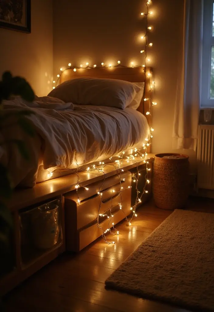 25 Fairy Lights Bedroom Ideas That Feel Dreamy and Magical 19. Fairy Lights Under Furniture