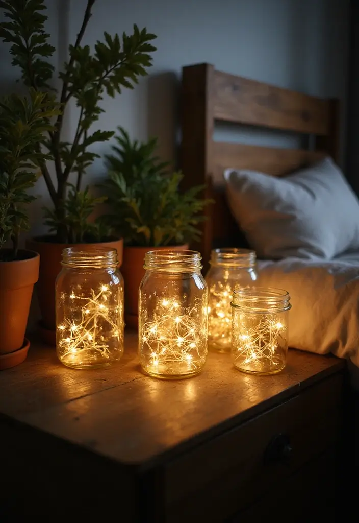 25 Fairy Lights Bedroom Ideas That Feel Dreamy and Magical 3. Bedside Fairy Light Jars
