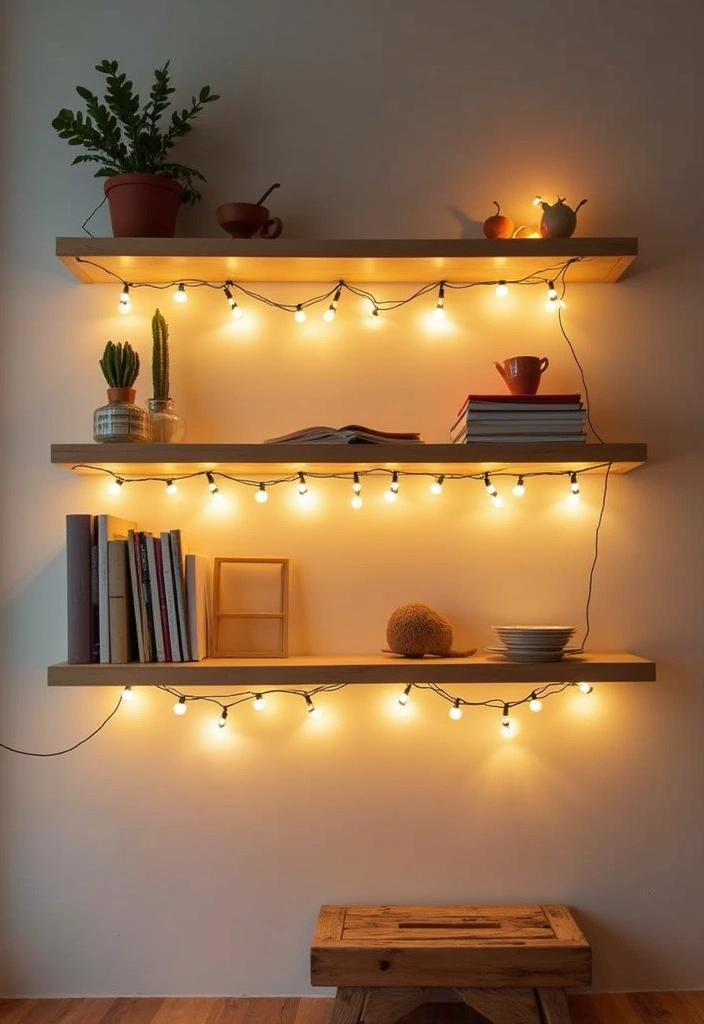 25 Fairy Lights Bedroom Ideas That Feel Dreamy and Magical 7. Floating Fairy Light Shelves