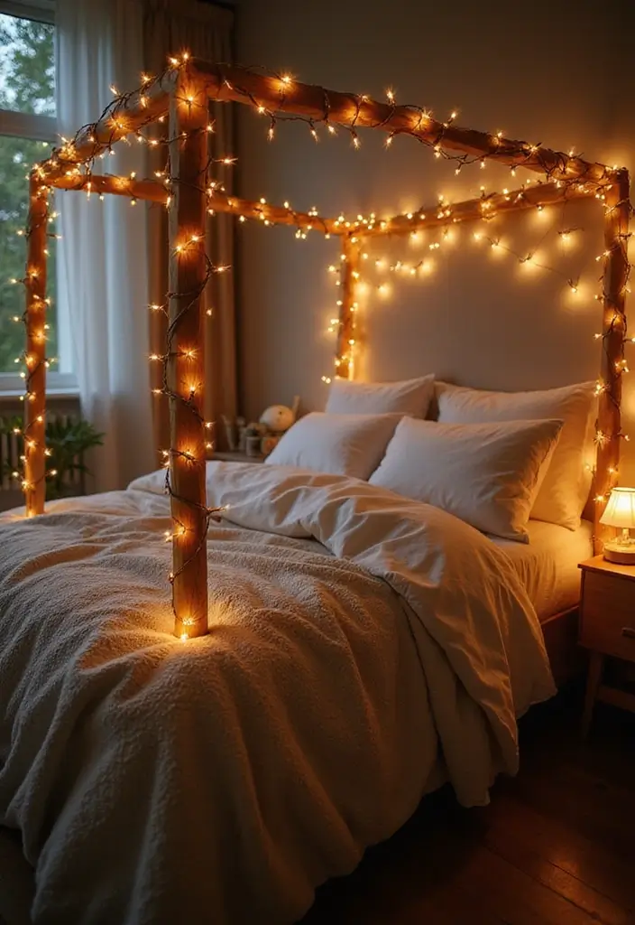 25 Fairy Lights Bedroom Ideas That Feel Dreamy and Magical 8. Bed Frame Fairy Light Accents