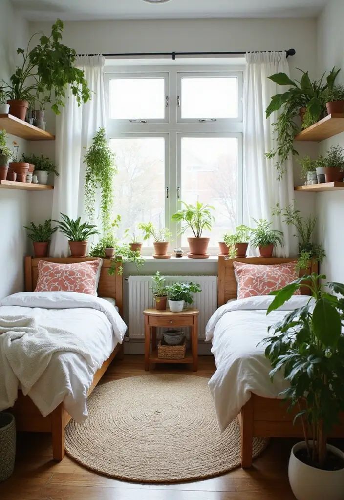 25 Guest Bedroom Ideas Twin Beds That Feel Balanced Cute 11. Incorporate Greenery for a Fresh Touch