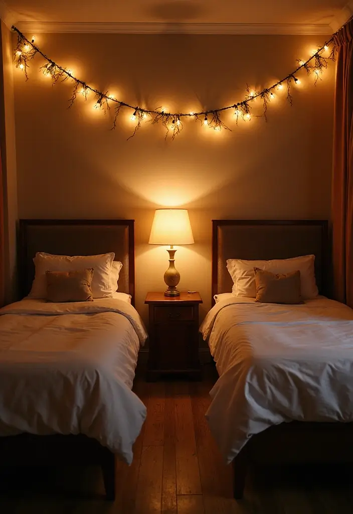 25 Guest Bedroom Ideas Twin Beds That Feel Balanced Cute 14. Warm Lighting for a Cozy Ambiance