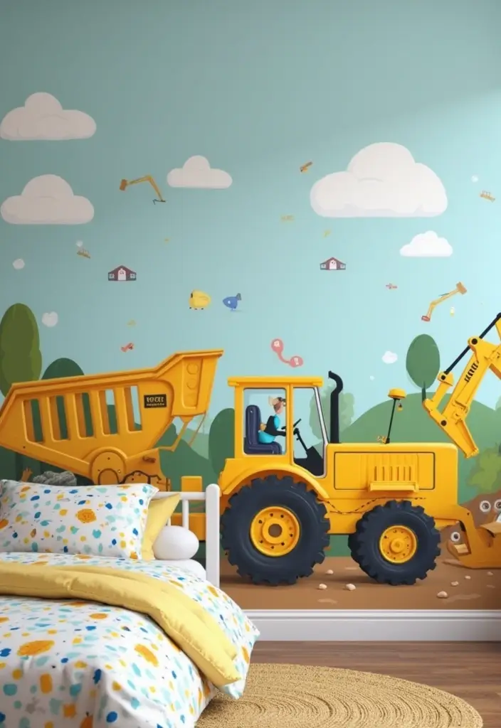 25 Kids Bedroom Wall Painting Ideas That Boost Imagination 17. Construction Zone