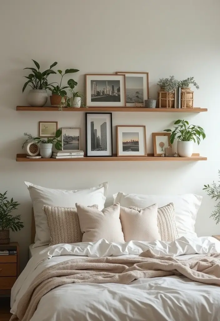 25 Photo Wall Ideas Bedroom Aesthetic That Feel Modern Warm 10. Floating Shelves with Photo Displays