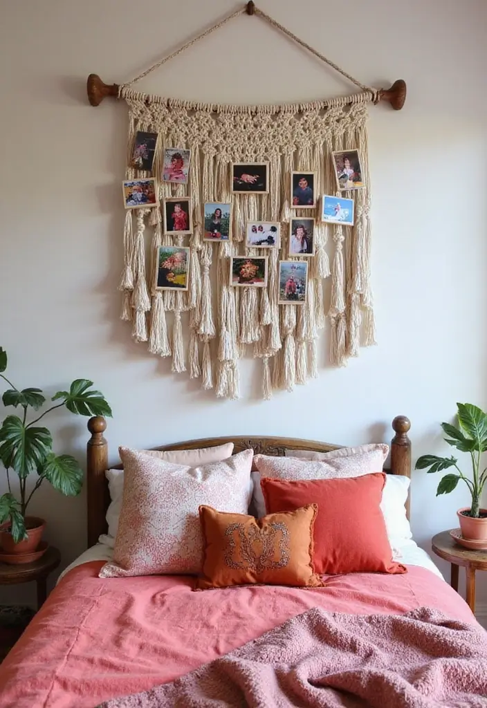 25 Photo Wall Ideas Bedroom Aesthetic That Feel Modern Warm 11. Boho Macram Photo Hang