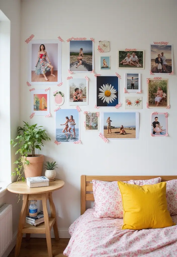 25 Photo Wall Ideas Bedroom Aesthetic That Feel Modern Warm 12. Colorful Washi Tape Layout