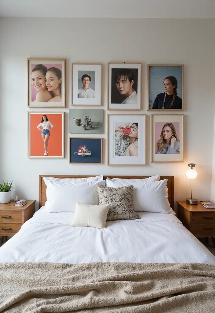 25 Photo Wall Ideas Bedroom Aesthetic That Feel Modern Warm 14. Art Prints Mixed with Photos