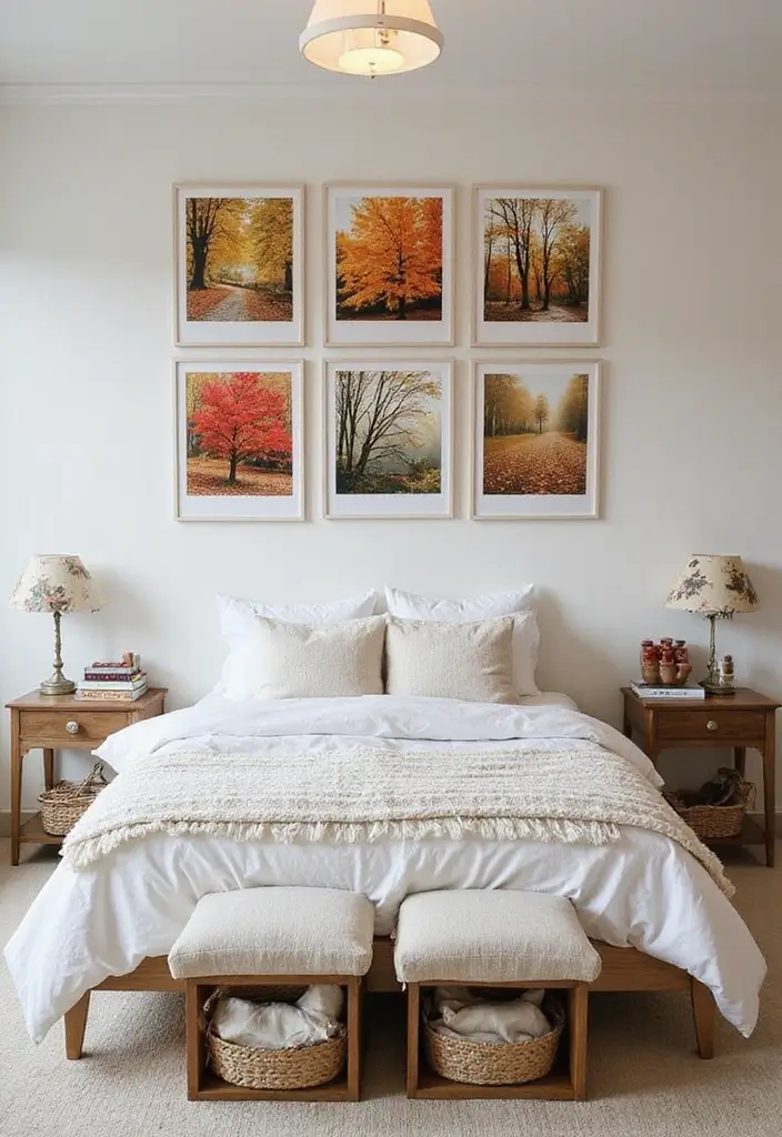 25 Photo Wall Ideas Bedroom Aesthetic That Feel Modern Warm 16. Seasonal Photo Wall