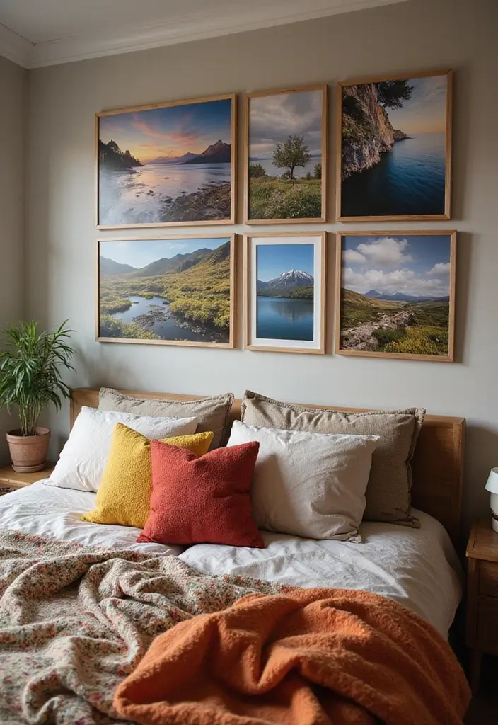 25 Photo Wall Ideas Bedroom Aesthetic That Feel Modern Warm 17. Layered Textiles with Photographs