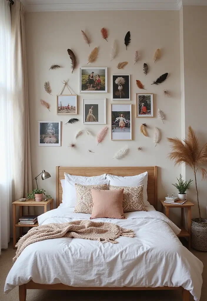 25 Photo Wall Ideas Bedroom Aesthetic That Feel Modern Warm 19. Bohemian Feather and Photo Combo