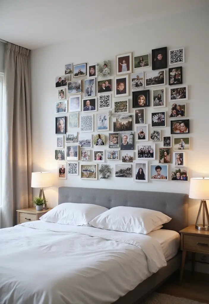 25 Photo Wall Ideas Bedroom Aesthetic That Feel Modern Warm 25. Interactive Photo Wall with QR Codes