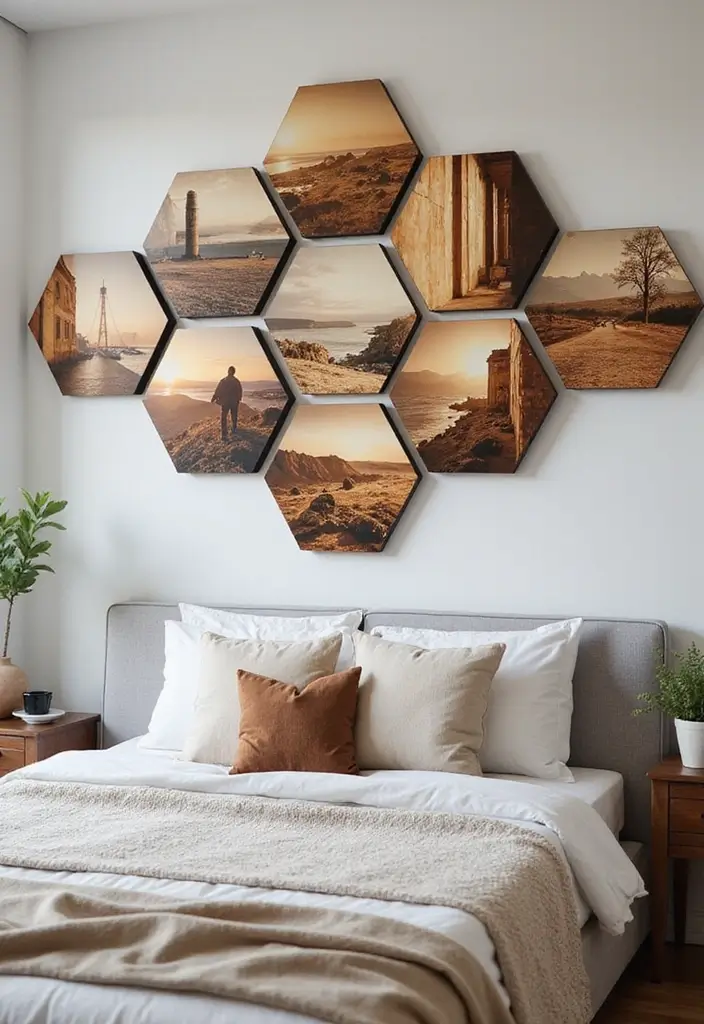 25 Photo Wall Ideas Bedroom Aesthetic That Feel Modern Warm 5. Hexagonal Photo Arrangement