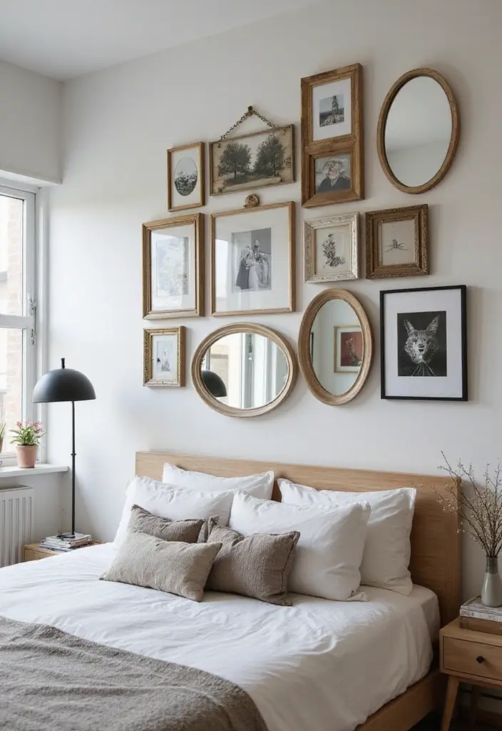 25 Photo Wall Ideas Bedroom Aesthetic That Feel Modern Warm 9. Framed Mirrors with Photos