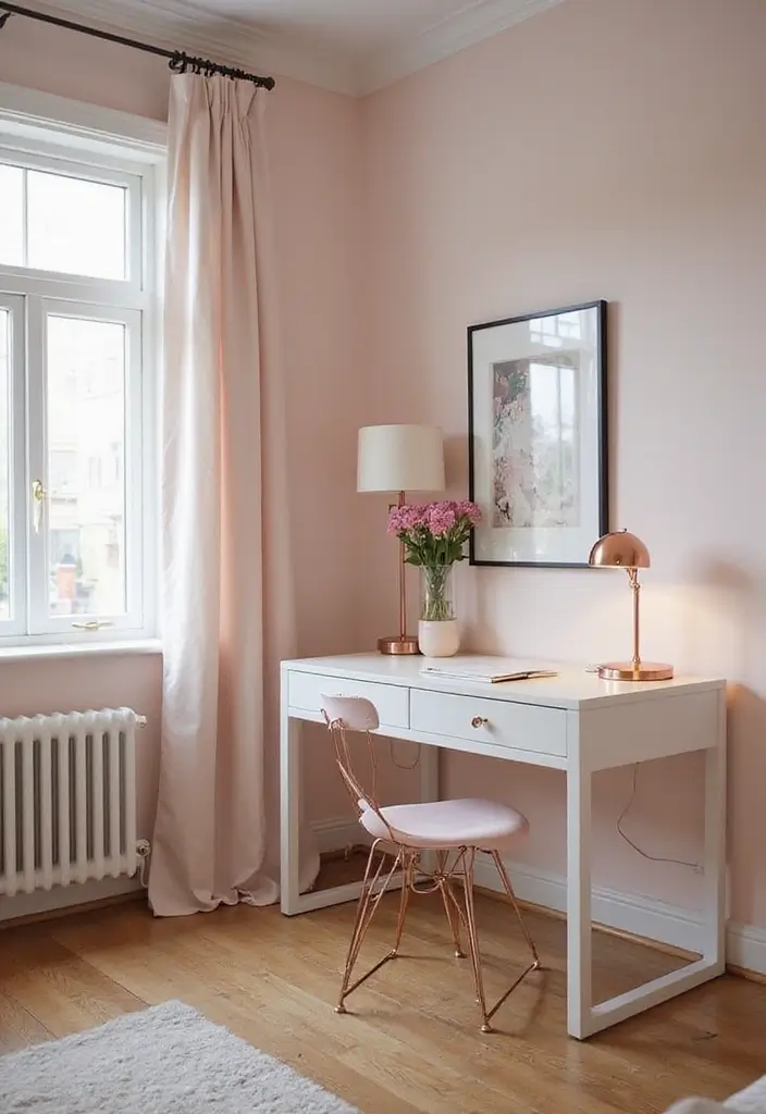 25 Rose Gold Bedroom Ideas That Feel Glamorous Feminine 13. Chic Rose Gold Desk Area