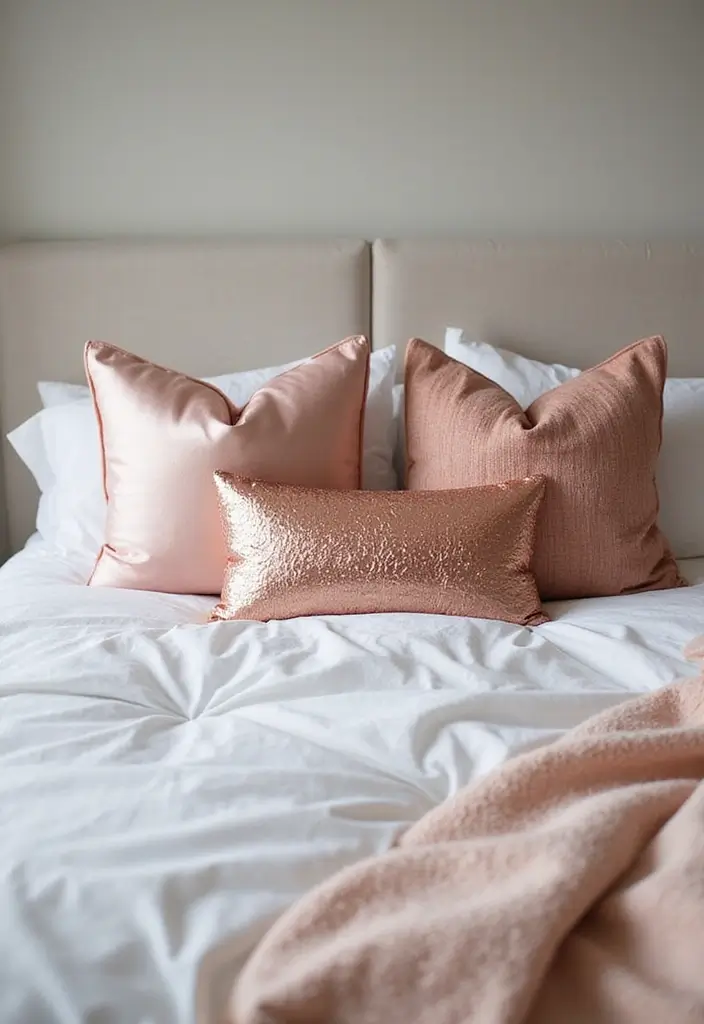25 Rose Gold Bedroom Ideas That Feel Glamorous Feminine 14. Glamorous Rose Gold Accent Pillows