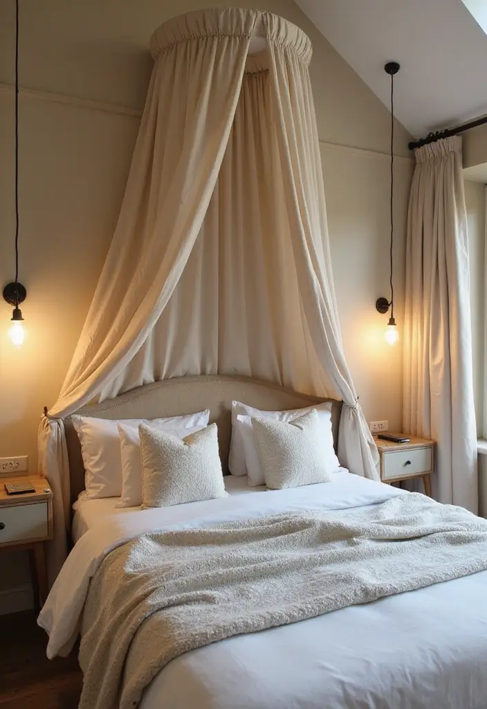 25 Small Primary Bedroom Ideas That Feel Calm Luxurious 16. Create a Cozy Canopy