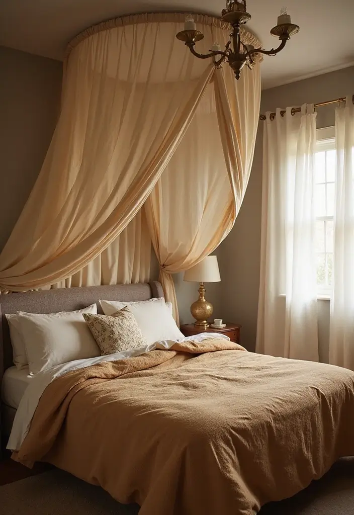25 Tan Comforter Bedroom Ideas That Feel Soft Balanced 13. Charming Canopy