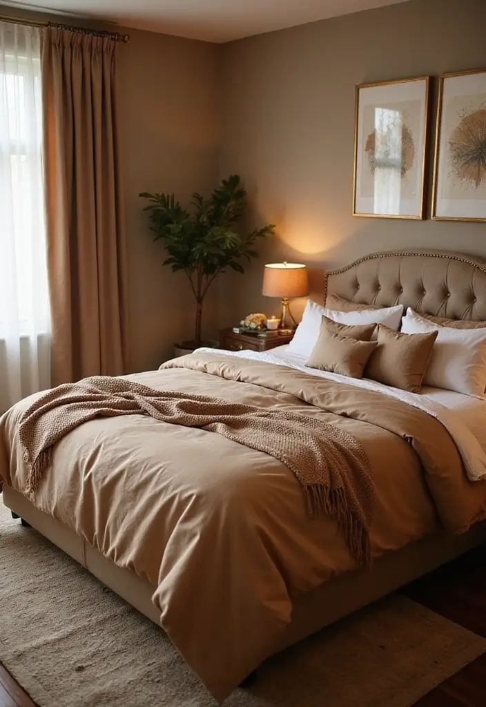 25 Tan Comforter Bedroom Ideas That Feel Soft Balanced 17. Warm Metallics