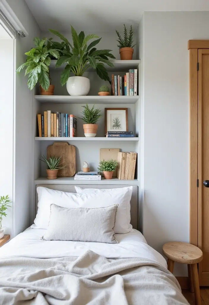 26 Bedroom Small Space Ideas That Feel Airy Organized 12. Consider Open Shelving