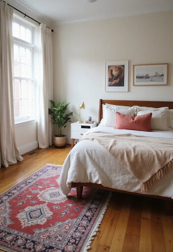 26 Bedroom Small Space Ideas That Feel Airy Organized 14. Use Rugs Wisely