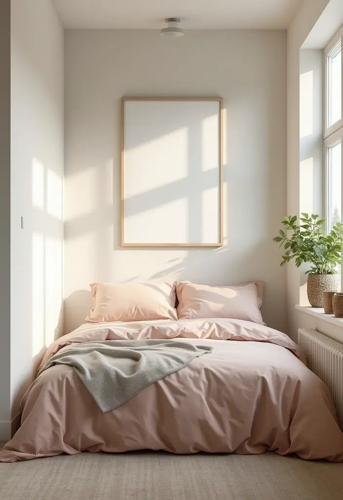 26 Bedroom Small Space Ideas That Feel Airy Organized 19. Keep Bedding Simple