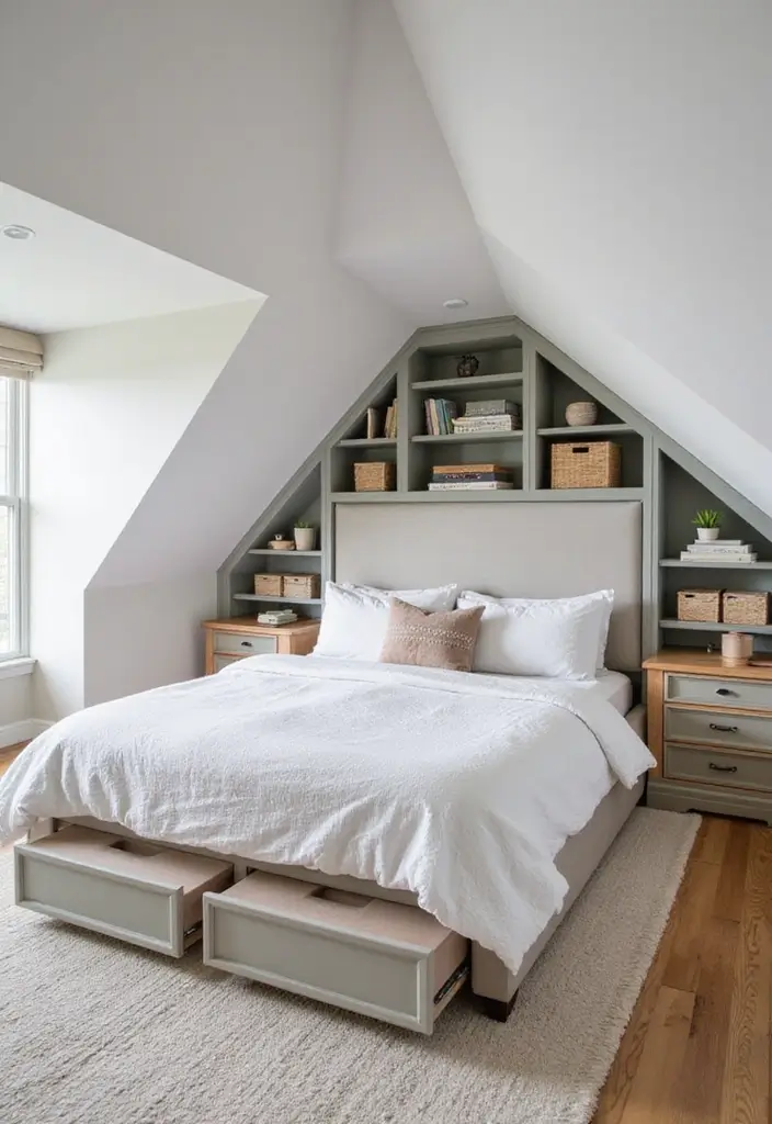 27 Attic Bedroom Ideas Master Suite That Feel Private Luxurious 6. Sleek Built In Storage