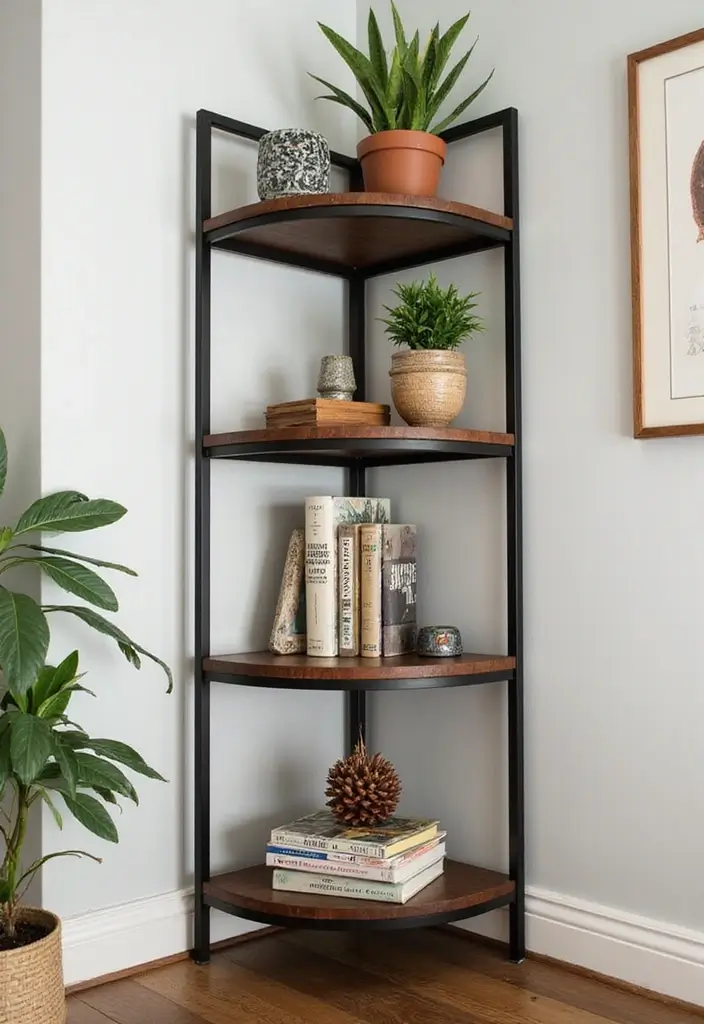 28 Corner Shelf Ideas Bedroom That Are Functional and Pretty 12. Chic Metal Corner Shelving