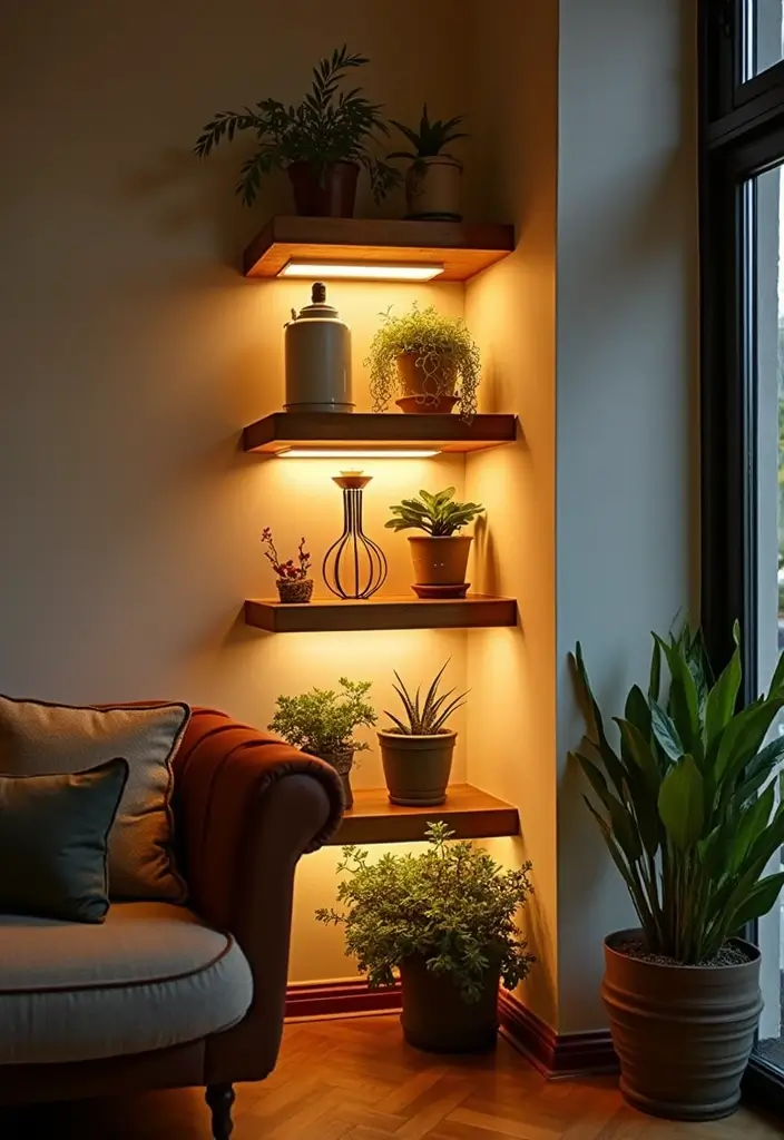 28 Corner Shelf Ideas Bedroom That Are Functional and Pretty 17. Corner Shelf with Built in Lighting