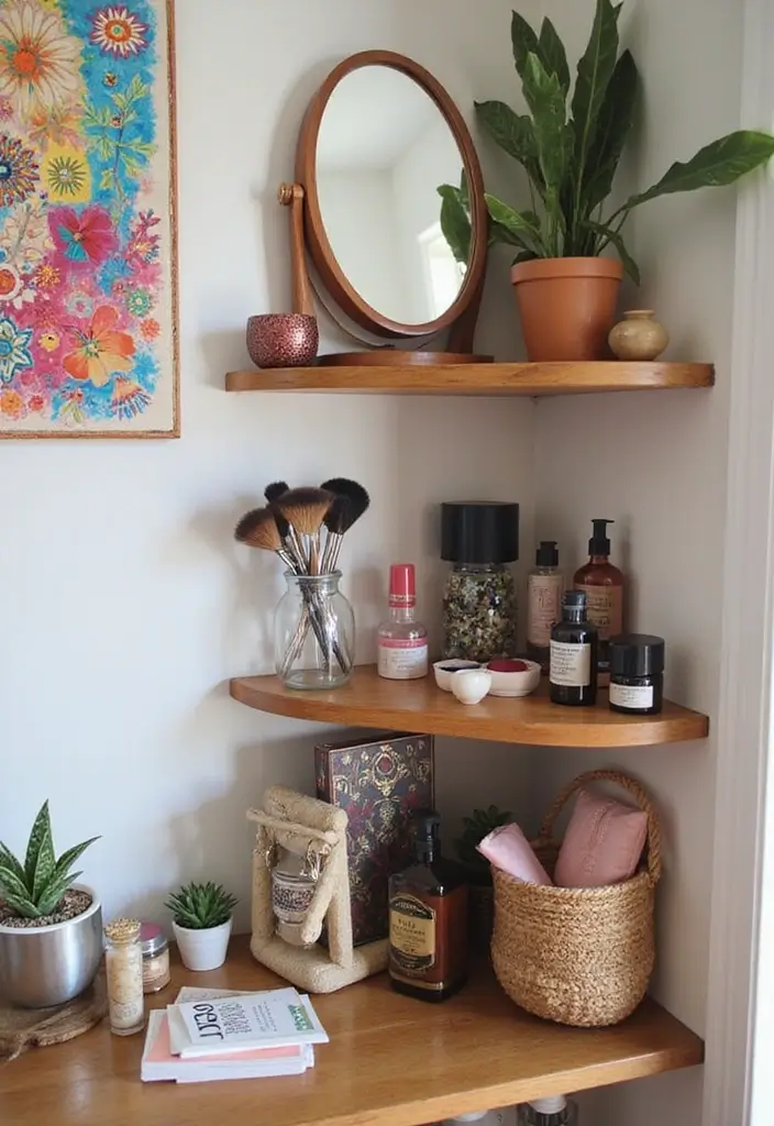 28 Corner Shelf Ideas Bedroom That Are Functional and Pretty 19. Corner Vanity Shelf