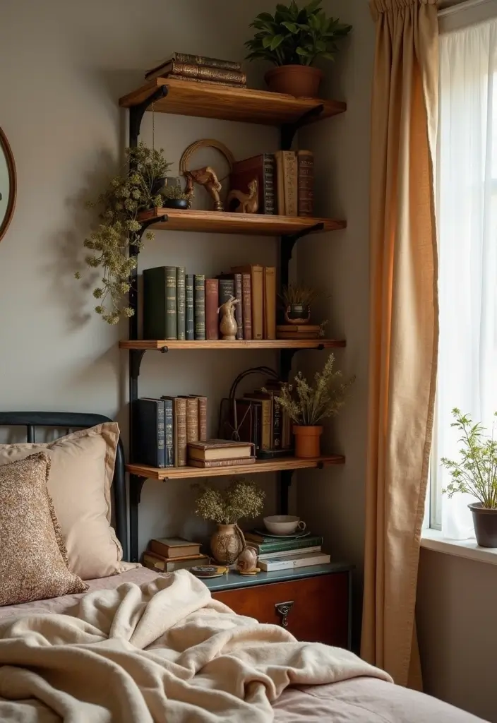 28 Corner Shelf Ideas Bedroom That Are Functional and Pretty 25. Corner Shelf with Vintage Finds
