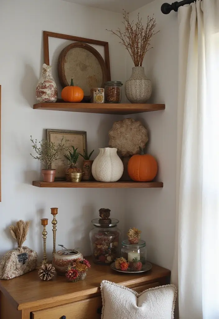 28 Corner Shelf Ideas Bedroom That Are Functional and Pretty 26. Corner Shelf with Seasonal Decor