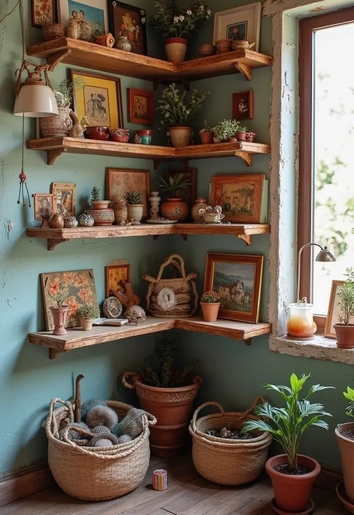 28 Corner Shelf Ideas Bedroom That Are Functional and Pretty 27. Corner Shelf with Artistic Touch