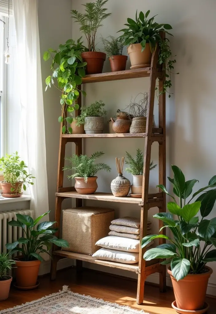 28 Corner Shelf Ideas Bedroom That Are Functional and Pretty 3. Vintage Ladder Shelf