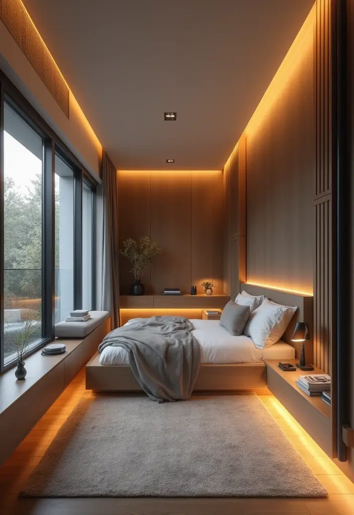 28 Long Narrow Bedroom Ideas That Fix Tricky Layouts 27. Opt for Smart Tech Solutions