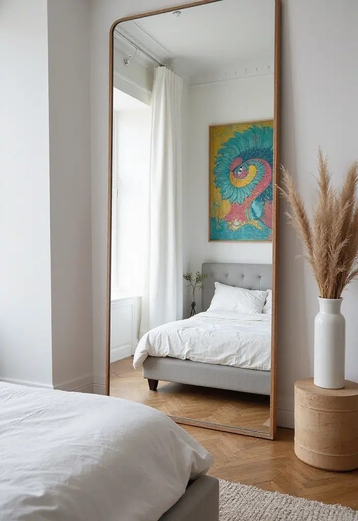 28 Small Bedroom Mirror Ideas That Make Rooms Look Bigger 17. Reflected Artwork