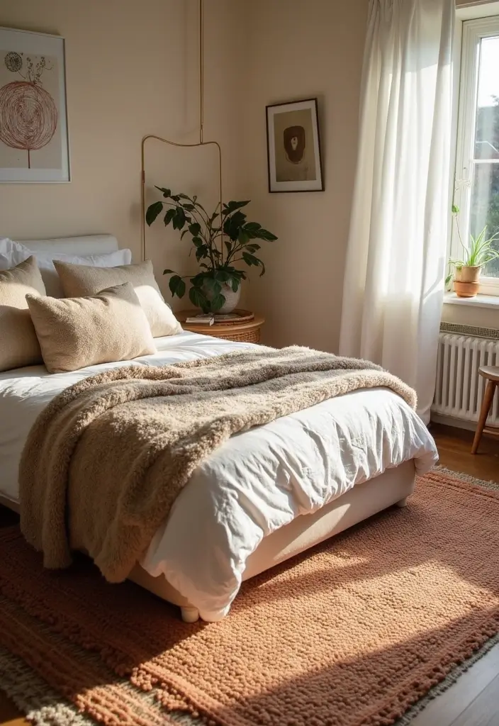 29 Earth Tone Bedroom Ideas That Feel Warm Calm Natural 10. Layering Rugs for Texture