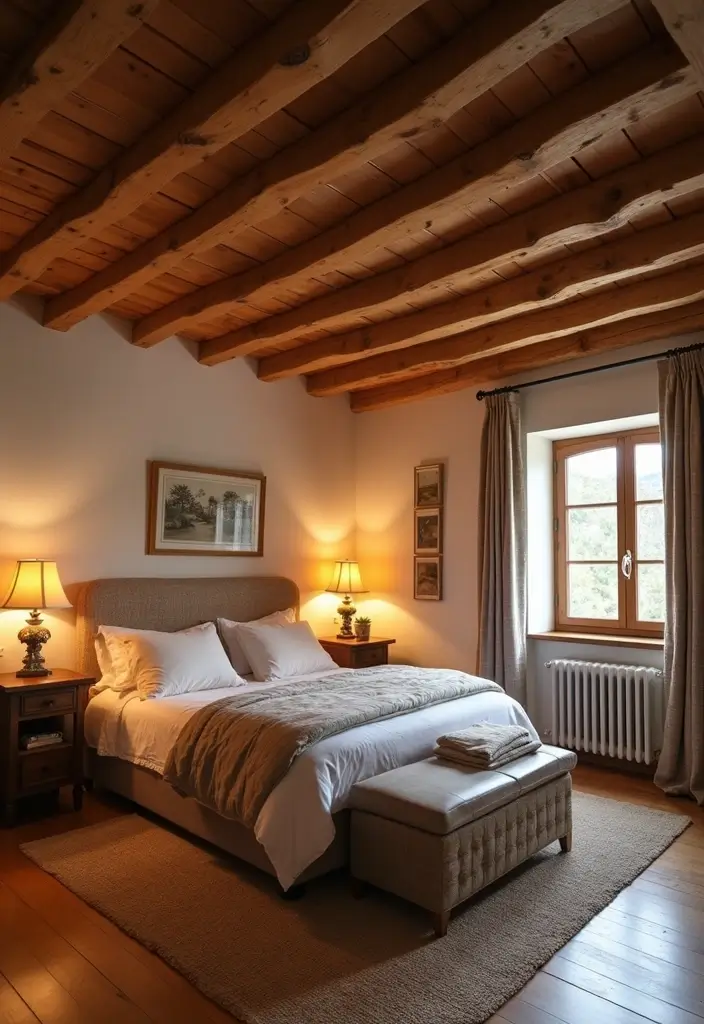 29 Earth Tone Bedroom Ideas That Feel Warm Calm Natural 12. Ceiling Beams for Architecture Interest