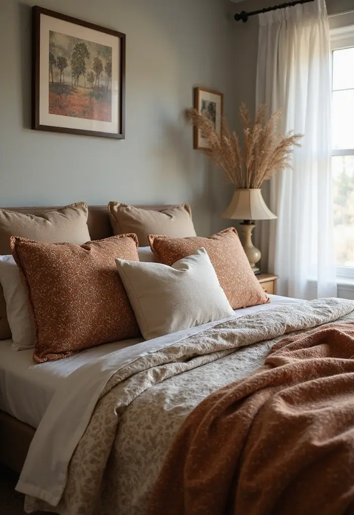 29 Earth Tone Bedroom Ideas That Feel Warm Calm Natural 22. Beautiful Bedding in Earthy Patterns