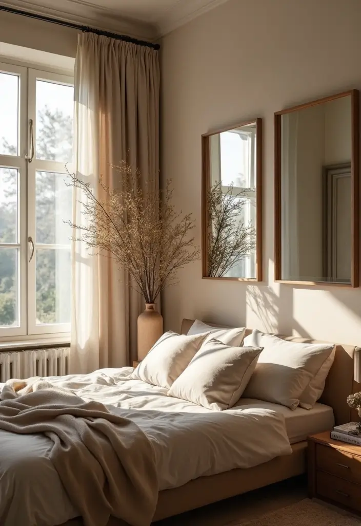 29 Earth Tone Bedroom Ideas That Feel Warm Calm Natural 23. Utilizing Mirrors for Brightness