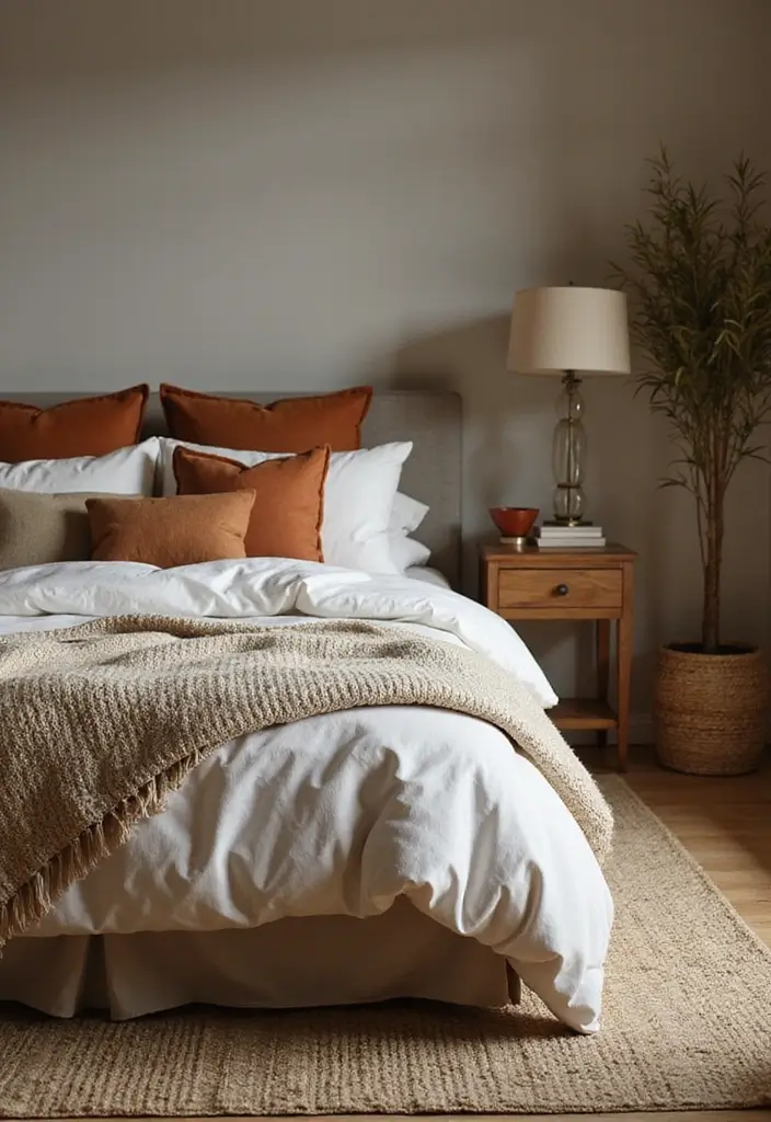 29 Earth Tone Bedroom Ideas That Feel Warm Calm Natural 26. Cozy Throw Pillows for Comfort