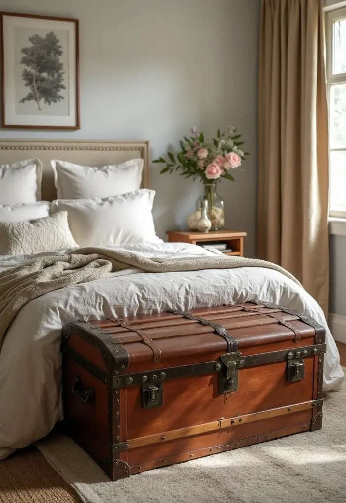 30 Bedroom Decor Ideas for Couples That Spark Instant Romance 28. Vintage Trunks as Storage