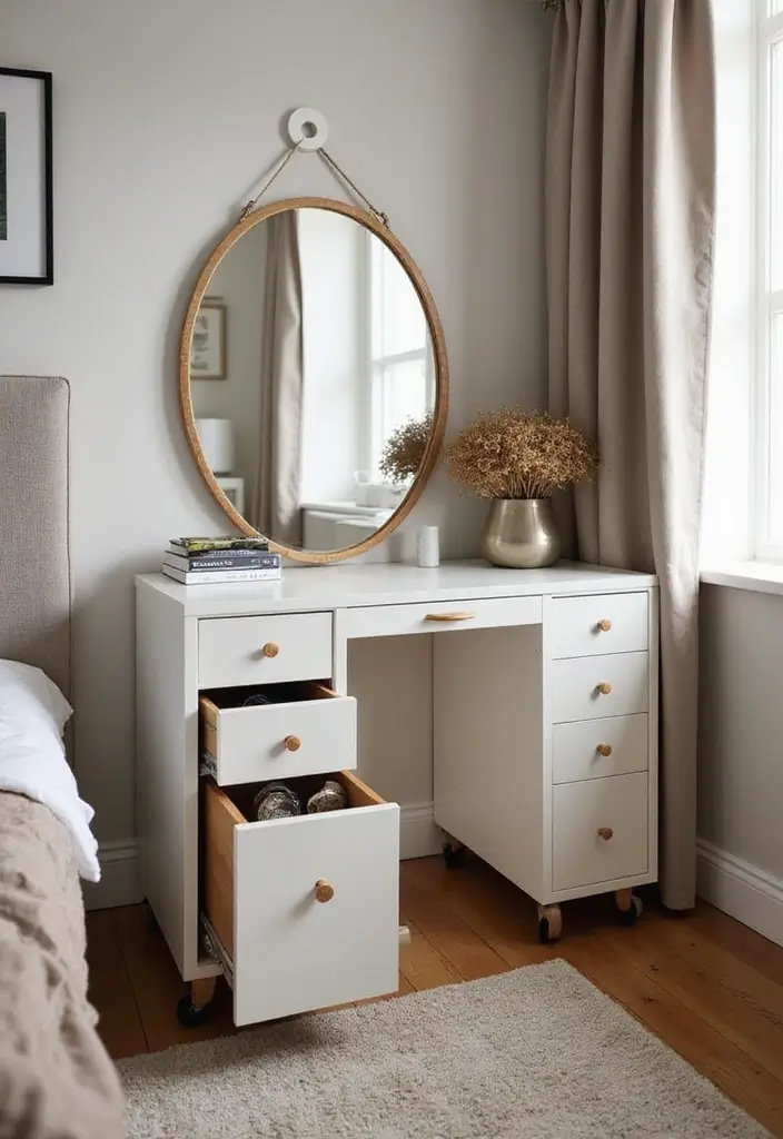 30 Dressing Table Ideas for Small Bedroom That Feel Glam Practical 11. Drawers on Wheels