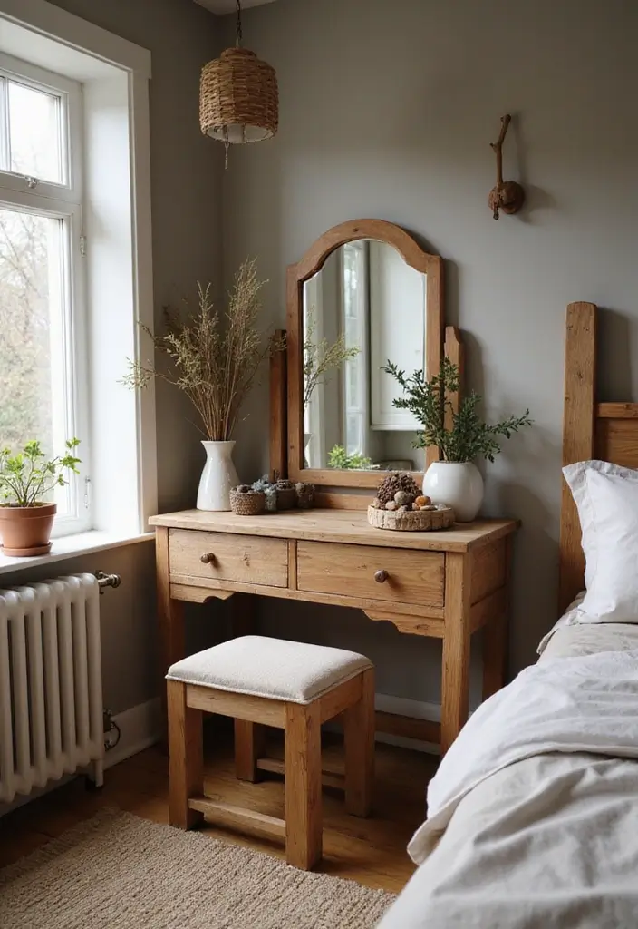 30 Dressing Table Ideas for Small Bedroom That Feel Glam Practical 13. Rustic Beauty