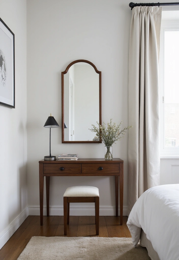 30 Dressing Table Ideas for Small Bedroom That Feel Glam Practical 15. Stylish Parson Table