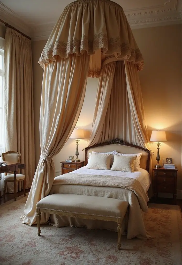 30 Dressing Table Ideas for Small Bedroom That Feel Glam Practical 18. Glamorous Canopy